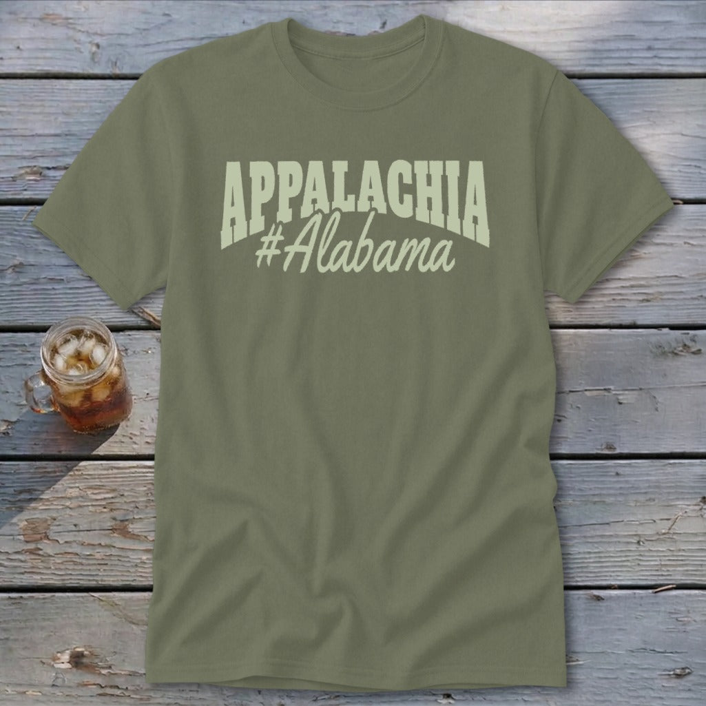 Olive t-shirt with "APPALACHIA #Alabama" text in cream.
