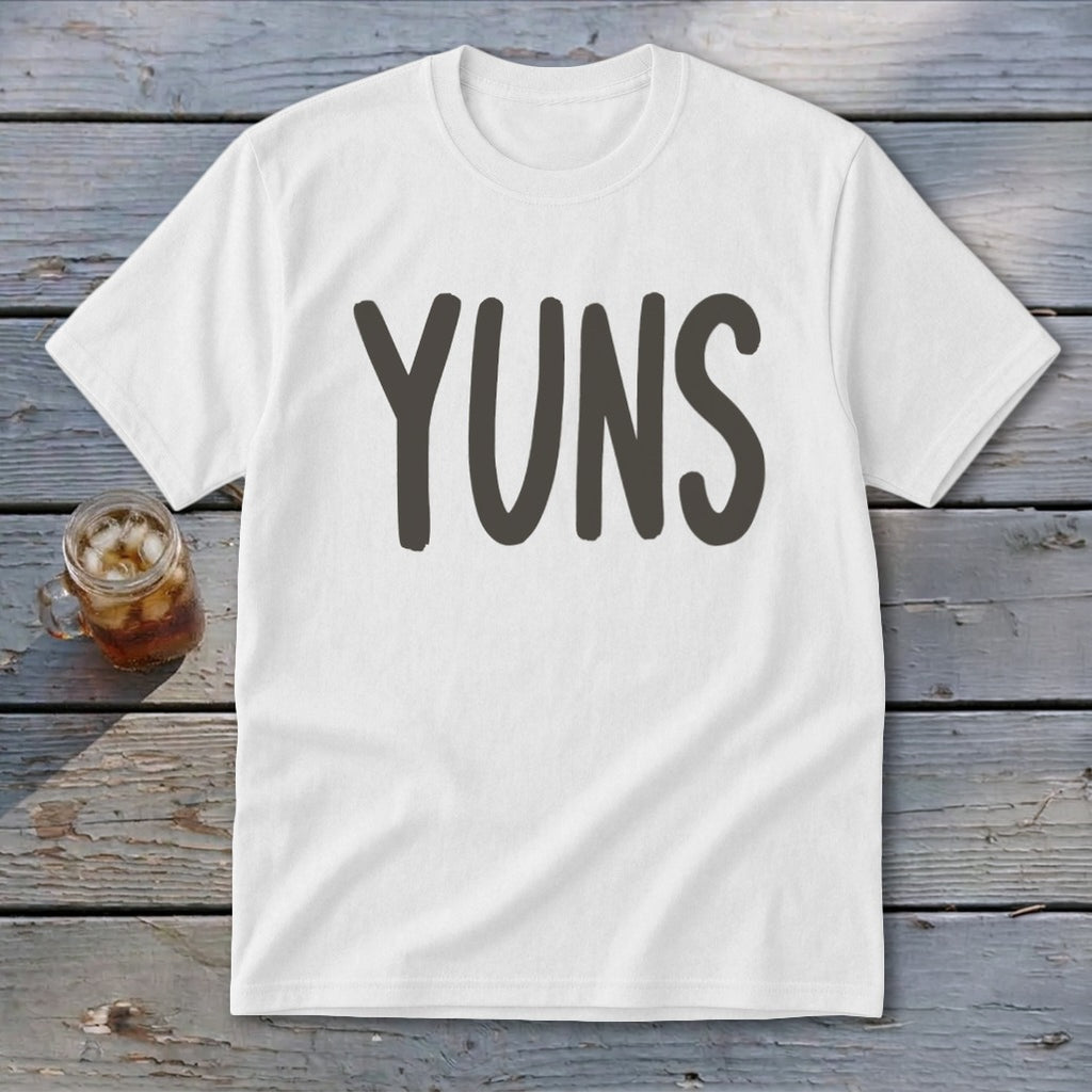 White t-shirt with bold gray text that says "YUNS"