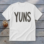White t-shirt with bold gray text that says "YUNS"