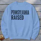 Light blue crewneck sweatshirt with "PENNSYLVANIA RAISED" in dark blue lettering.