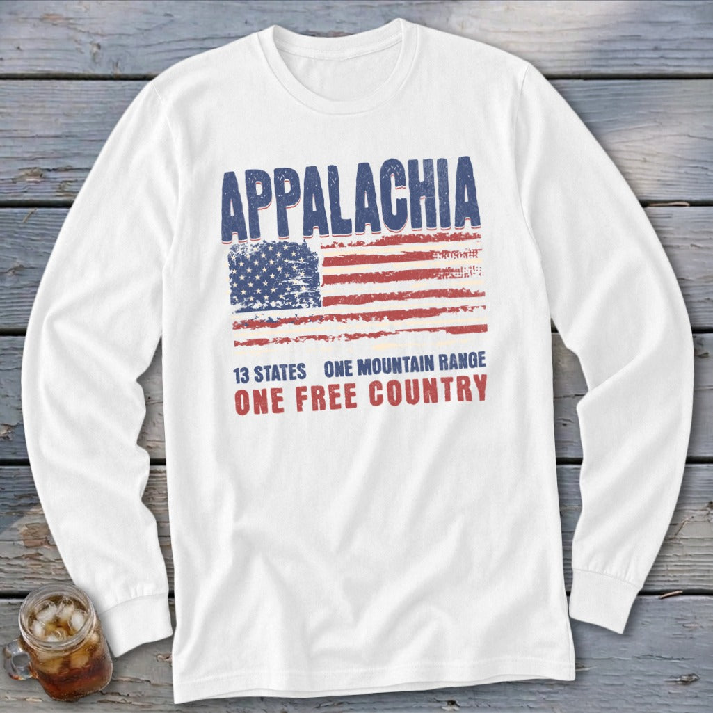 White long-sleeved t-shirt with a distressed graphic featuring the word Appalachia and an American flag.