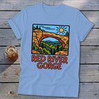 Light blue t-shirt with Red River Gorge graphic featuring arch and trees.