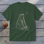 Bear looking up at moon and stars on a dark green t-shirt.