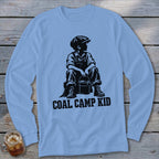 Long sleeve shirt with black graphic of boy sitting with bucket, text "Coal Camp Kid".