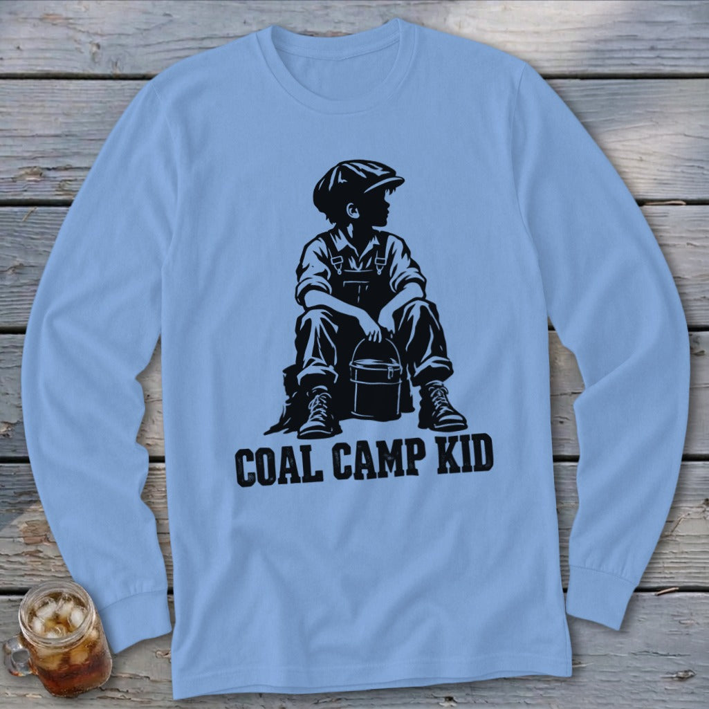 Long sleeve shirt with black graphic of boy sitting with bucket, text "Coal Camp Kid".