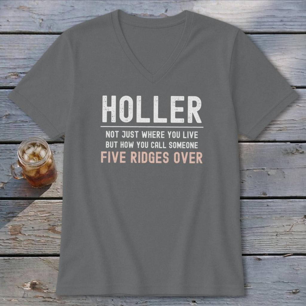 Gray v-neck t-shirt with "Holler" and "Five Ridges Over" text.