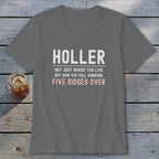 Gray v-neck t-shirt with "Holler" and "Five Ridges Over" text.