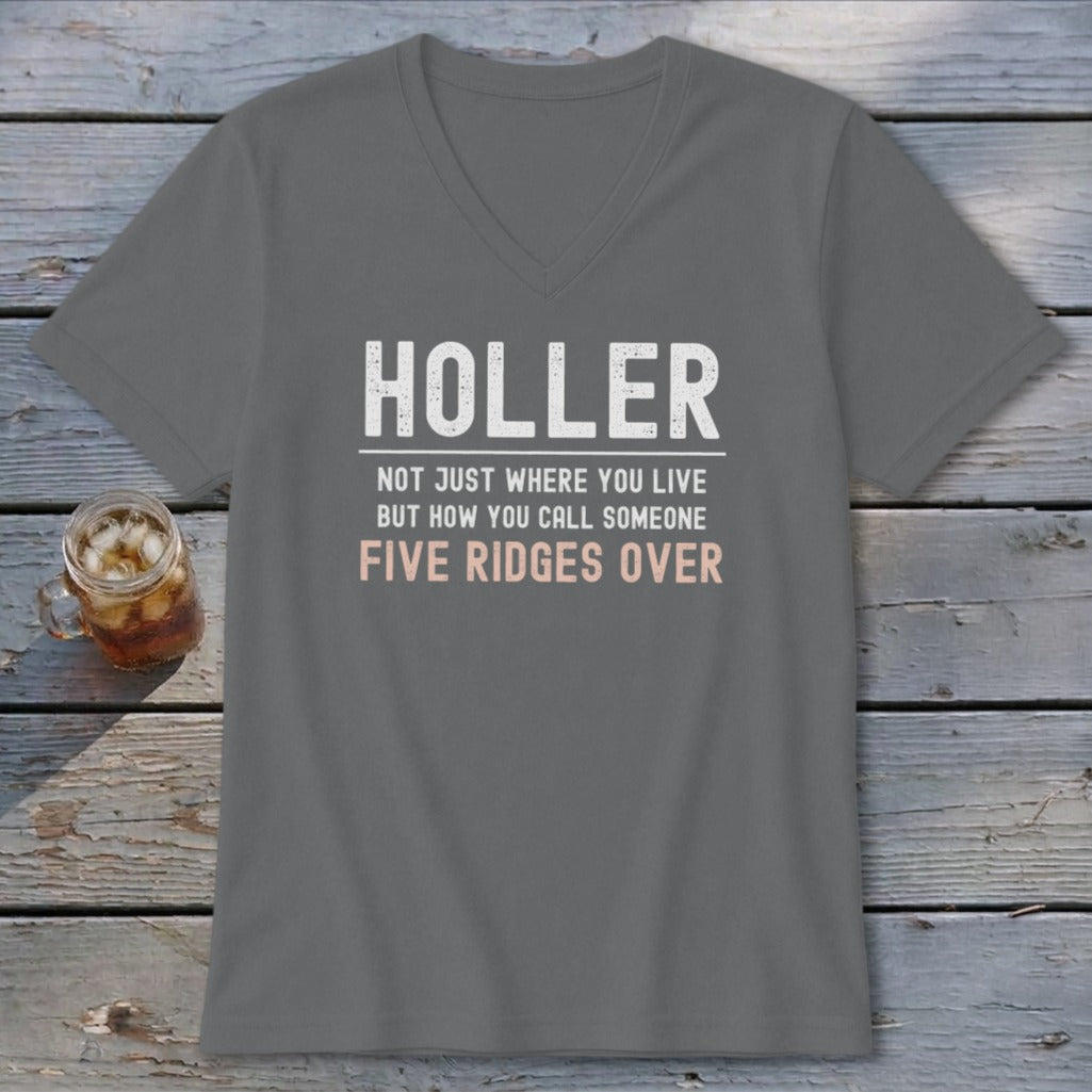 Gray v-neck t-shirt with "Holler" and "Five Ridges Over" text.