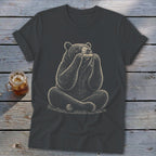 Dark grey t-shirt with a bear playing a harmonica, seated on grass.