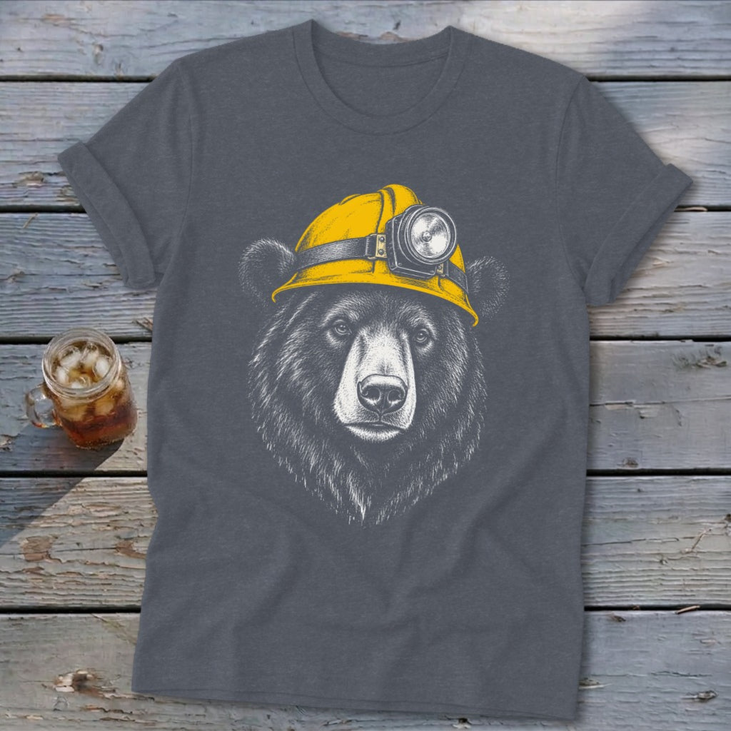 Bear wearing a yellow miner's helmet with a headlamp.