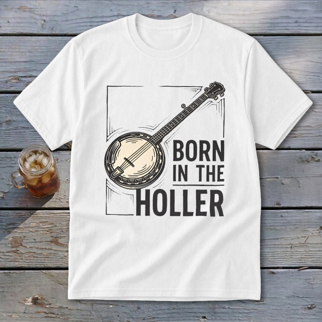White t-shirt with a banjo graphic and text "BORN IN THE HOLLER".