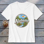 White t-shirt with circular Alabama landscape graphic featuring a river, deer, and mountains.