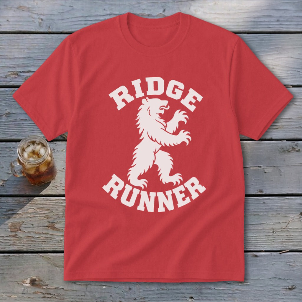 Red t-shirt with white text "RIDGE RUNNER" and a stylized bear.