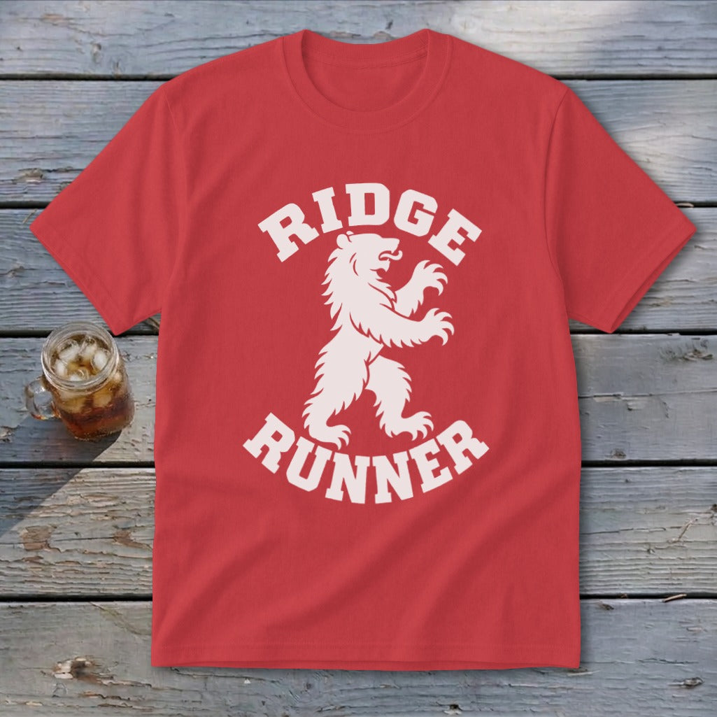Red t-shirt with white text "RIDGE RUNNER" and a stylized bear.