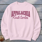 Light pink sweatshirt with "APPALACHIA" and "#South Carolina" text.