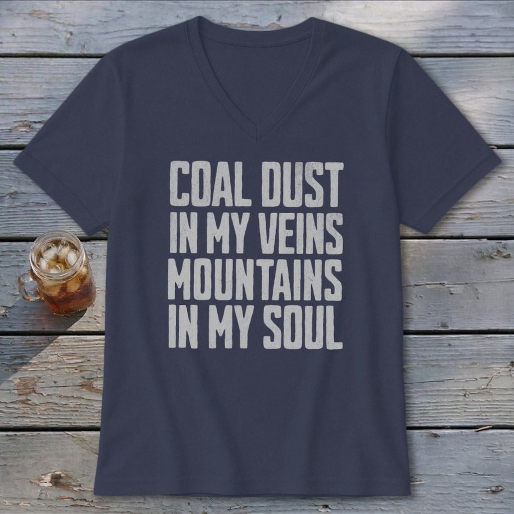 Dark blue v-neck t-shirt featuring the distressed white text COAL DUST IN MY VEINS MOUNTAINS IN MY SOUL.