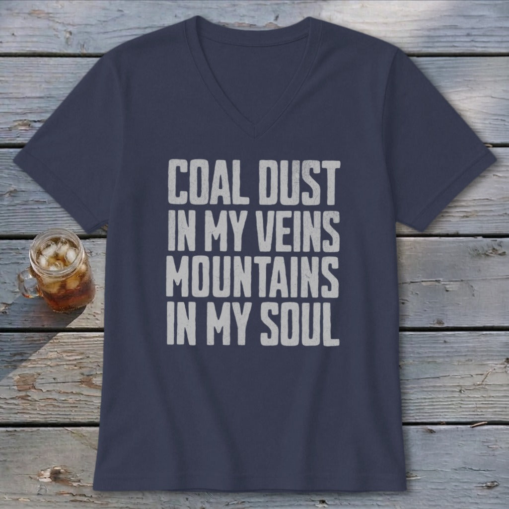 Dark blue v-neck t-shirt featuring the distressed white text COAL DUST IN MY VEINS MOUNTAINS IN MY SOUL.