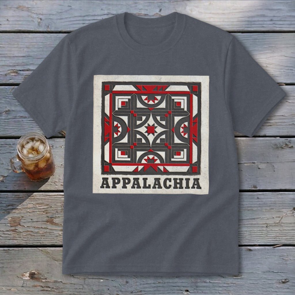 Charcoal gray crewneck t-shirt featuring a square geometric folk art quilt design and the word Appalachia below.