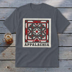 Charcoal gray crewneck t-shirt featuring a square geometric folk art quilt design and the word Appalachia below.