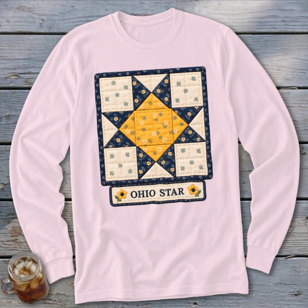Pink long-sleeve shirt with Ohio Star quilt design and text.