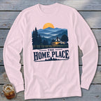 Pink long-sleeve shirt with "The Home Place" text and mountain landscape graphic.