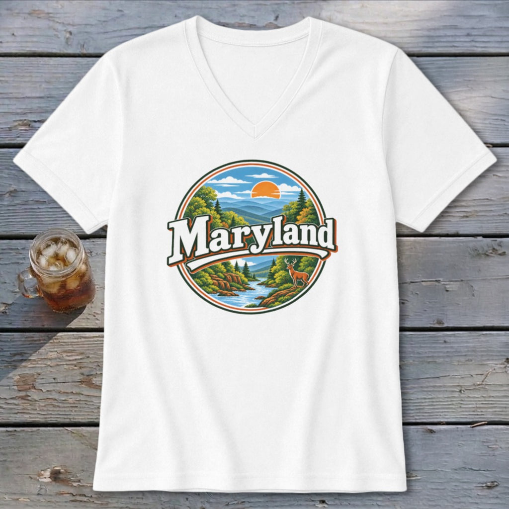White t-shirt with a circular graphic of Maryland landscape, river, and deer.