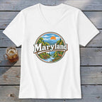 White t-shirt with a circular graphic of Maryland landscape, river, and deer.