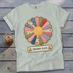 Light blue t-shirt with a quilted flower graphic and "DRESDEN PLATE" text.