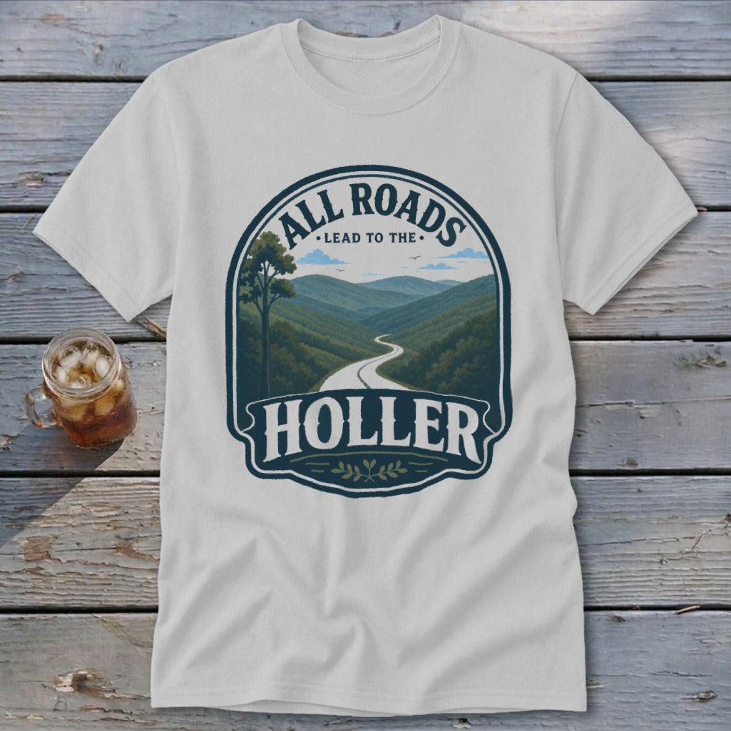 White t-shirt with "All Roads Lead to the Holler" graphic featuring a winding road through mountains.