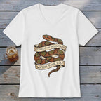 White t-shirt with coiled snake graphic and text "Respect the Mountains Watch Your Step".