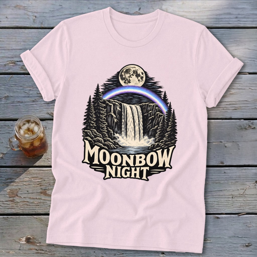 Pink t-shirt with Moonbow Night waterfall and moon graphic.