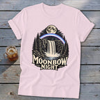 Pink t-shirt with Moonbow Night waterfall and moon graphic.