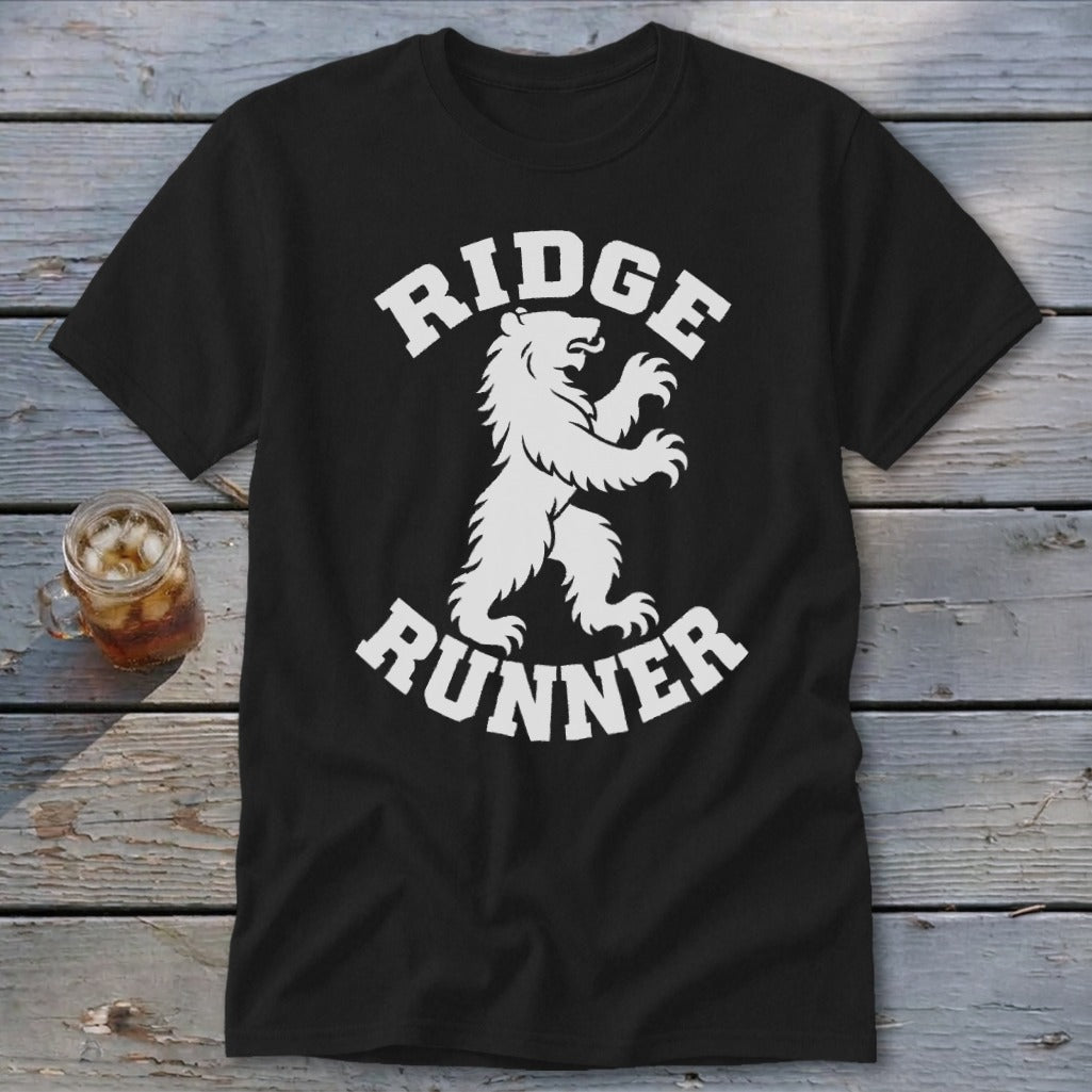 Black t-shirt with white "RIDGE RUNNER" text and a bear graphic.