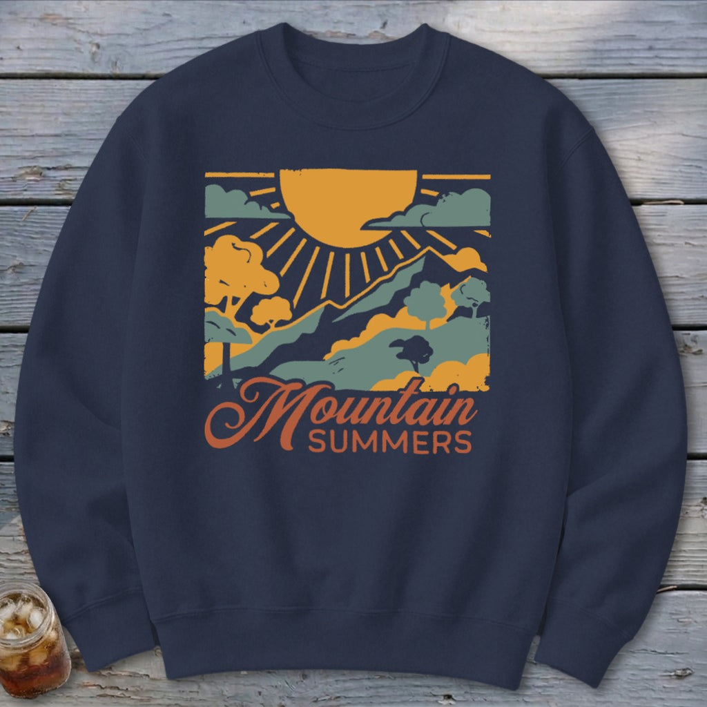 Navy sweatshirt with a retro mountain scene and "Mountain Summers" text.