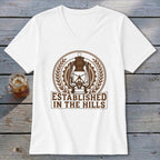 White t-shirt with brown lantern graphic and "ESTABLISHED IN THE HILLS" text.