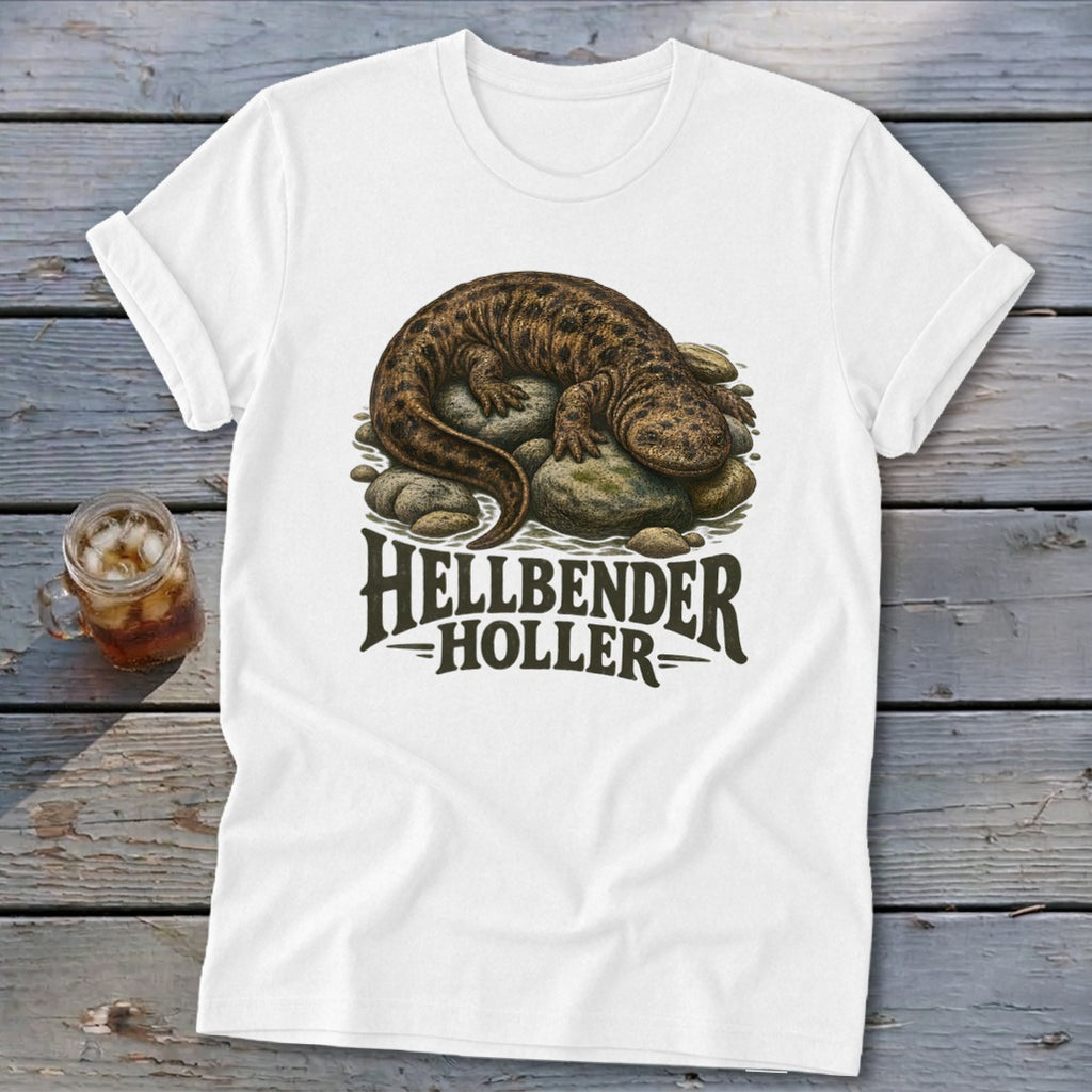 White t-shirt with a Hellbender salamander graphic and "HELLBENDER HOLLER" text.