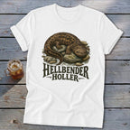 White t-shirt with a Hellbender salamander graphic and "HELLBENDER HOLLER" text.