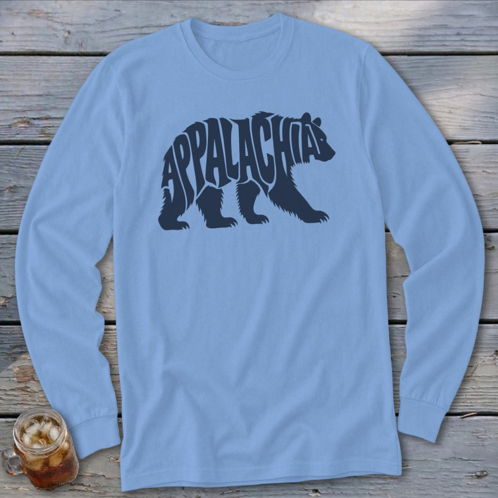 Light blue long-sleeve t-shirt with a dark silhouette of a walking bear containing the word Appalachia.