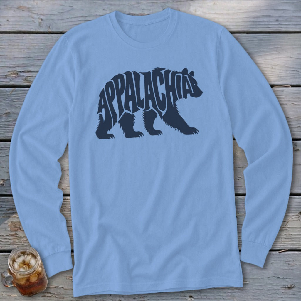Light blue long-sleeve t-shirt with a dark silhouette of a walking bear containing the word Appalachia.