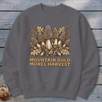 Grey sweatshirt featuring "Mountain Gold Morel Harvest" text and a morel mushroom illustration.