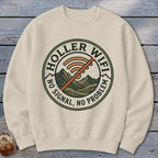 Cream sweatshirt with circular "Holler Wifi" graphic, featuring mountains and no signal icon.
