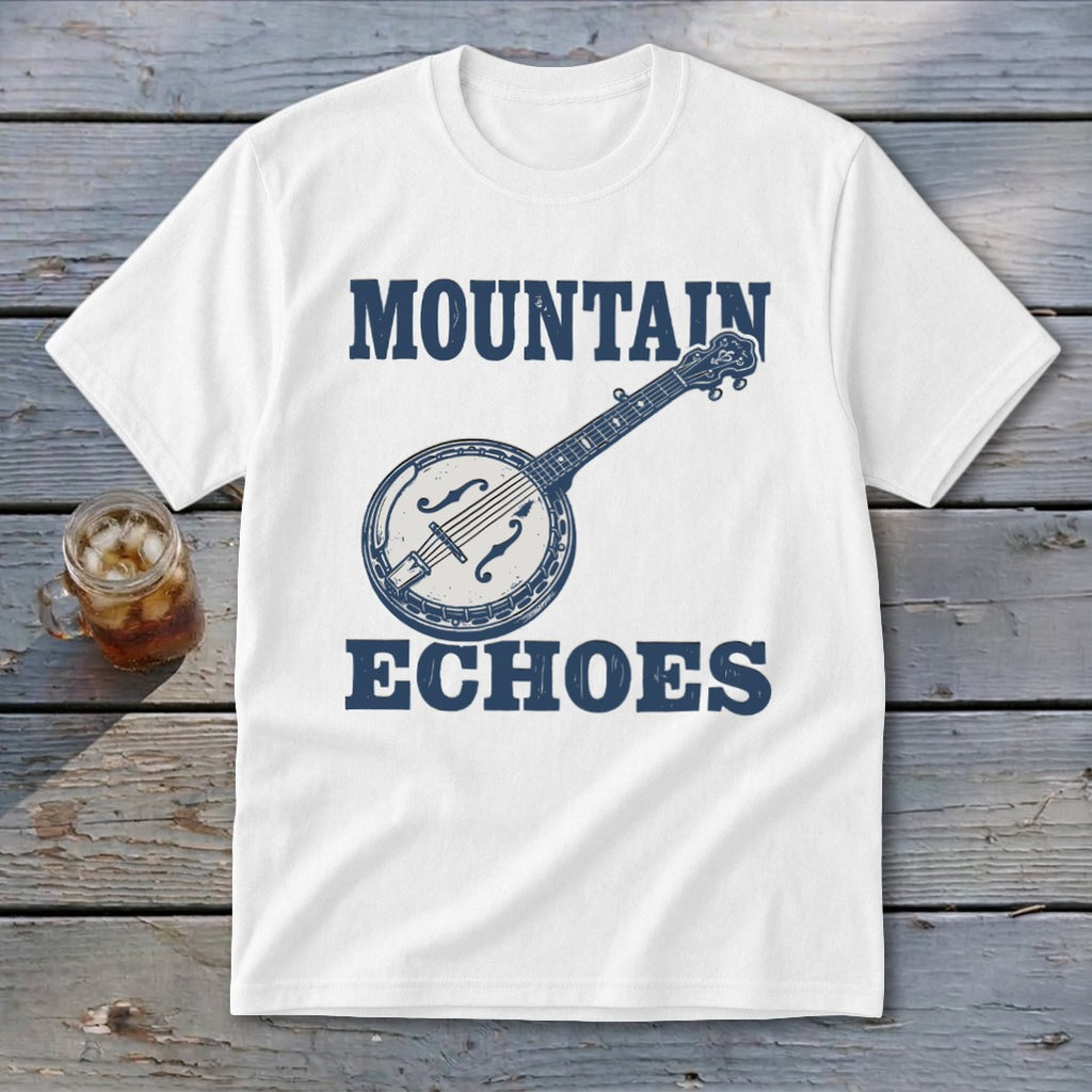 A white short-sleeve t-shirt features a blue graphic of a banjo, with the text MOUNTAIN ECHOES.