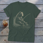 Bear fishing illustration on a green t-shirt.