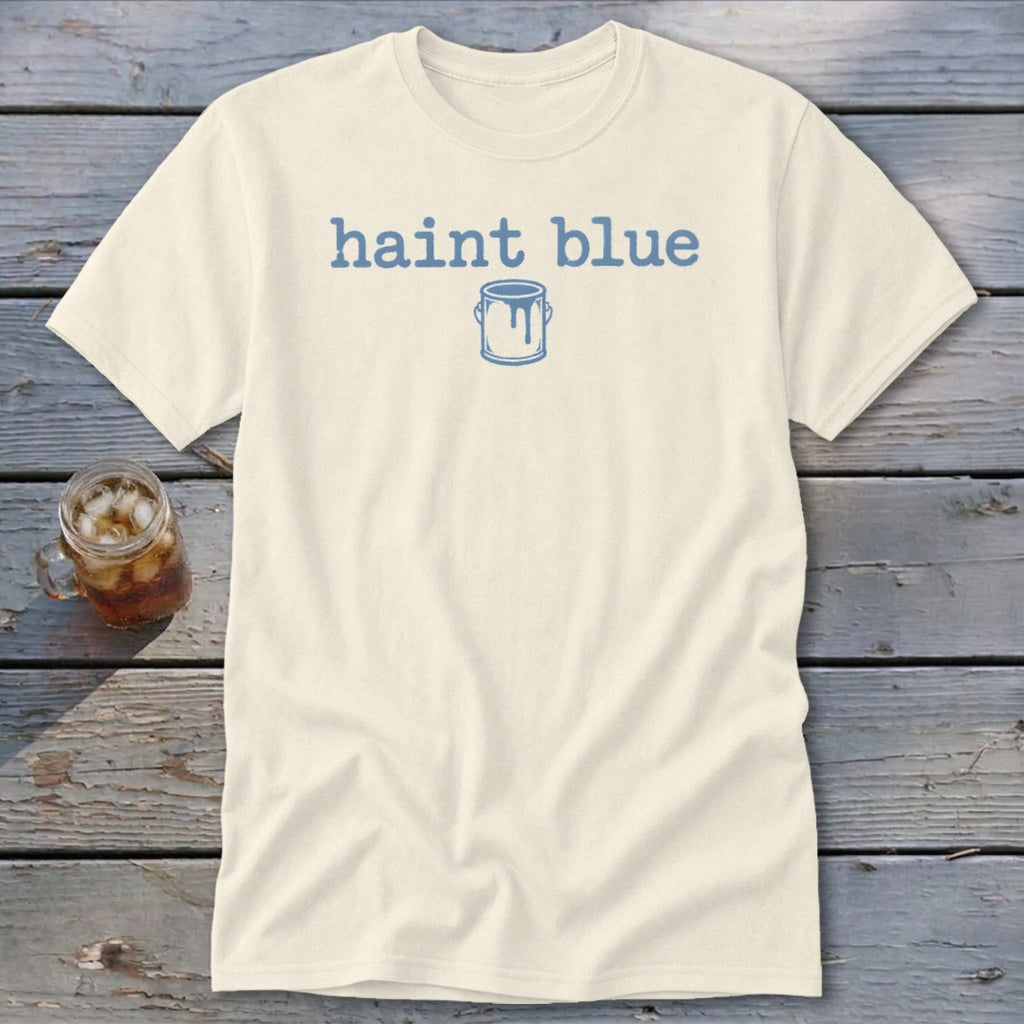 Cream t-shirt with blue text "haint blue" and a paint can graphic.