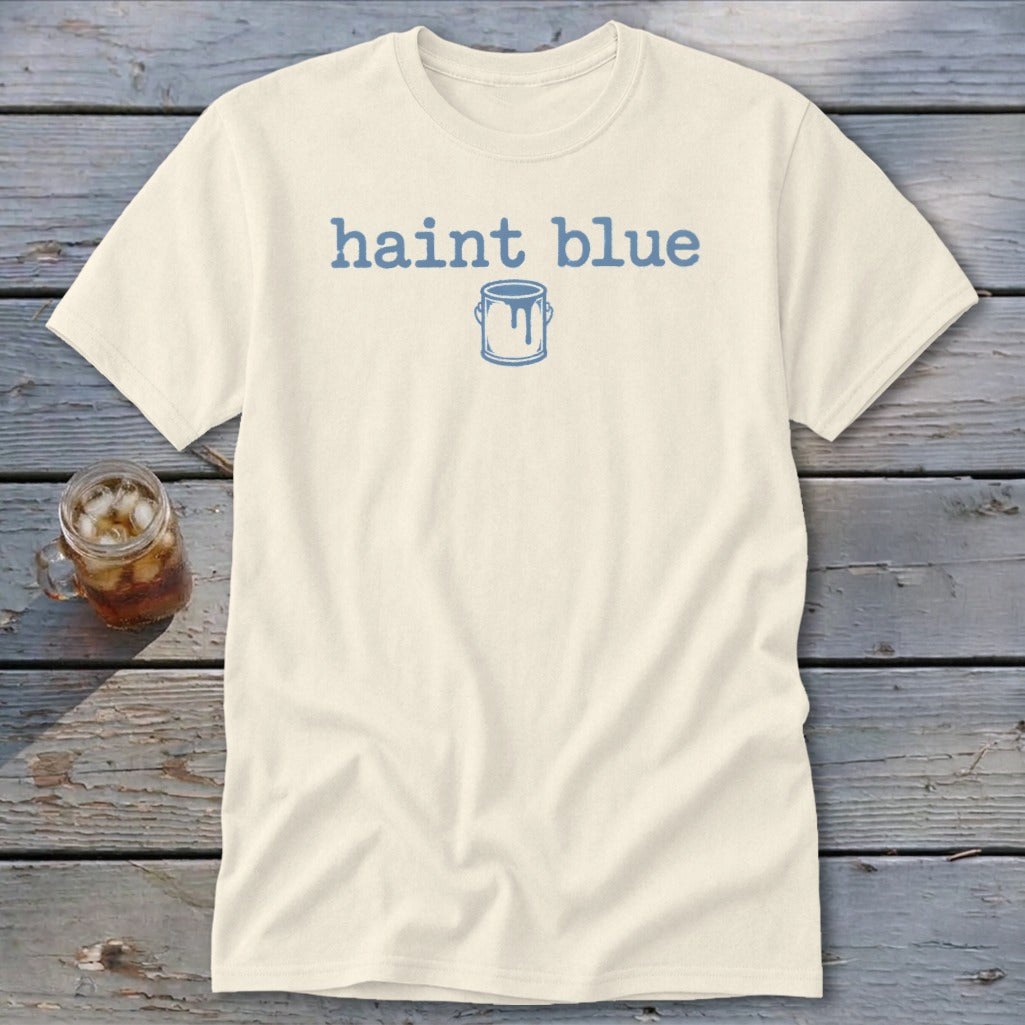 Cream t-shirt with blue text "haint blue" and a paint can graphic.