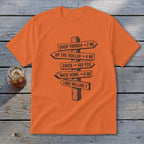 Orange t-shirt featuring a black graphic of a wooden signpost with directional distances and humorous text.