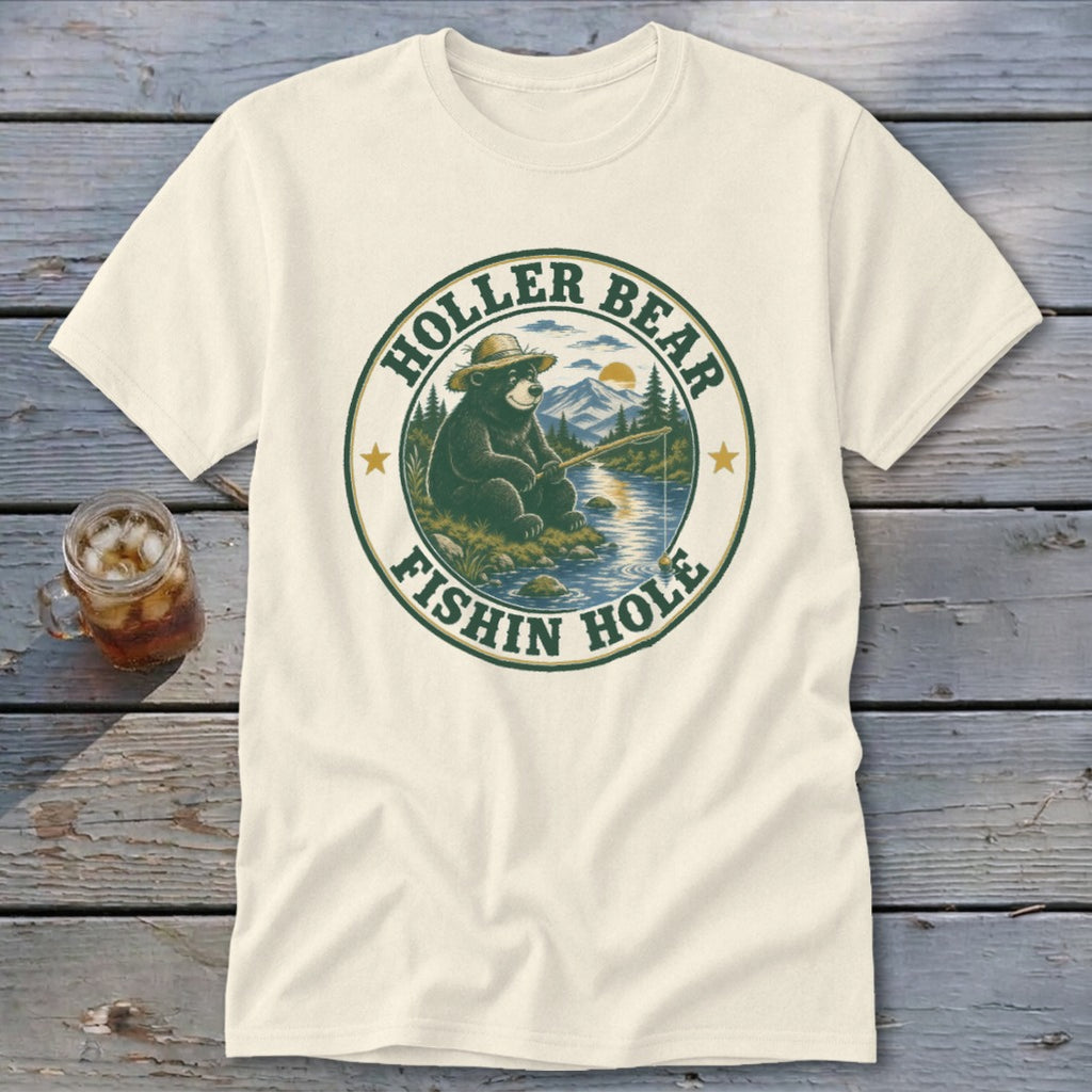 Bear fishing at a lake with text "HOLLER BEAR" and "FISHIN HOLE".