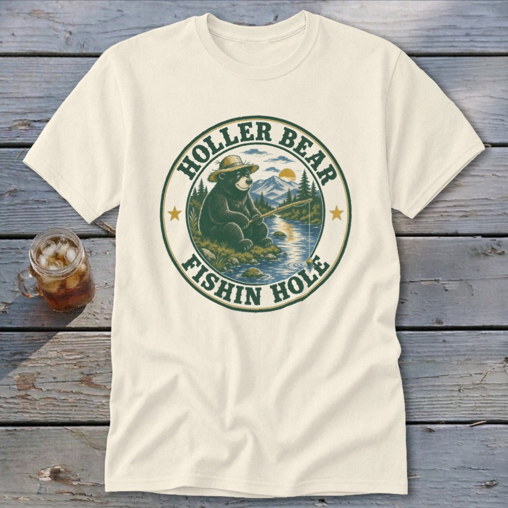 Bear fishing at a lake with text "HOLLER BEAR" and "FISHIN HOLE".