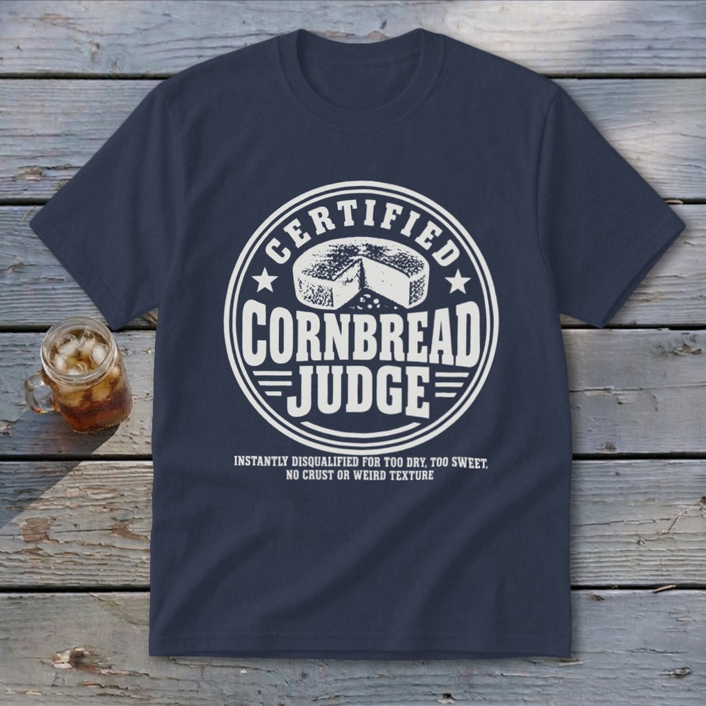 Navy blue t-shirt featuring a circular white graphic that reads CERTIFIED CORNBREAD JUDGE with a cornbread illustration.