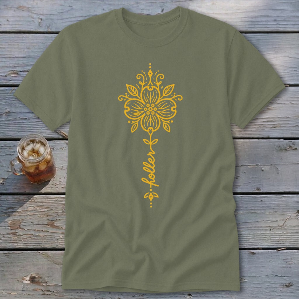 Olive green t-shirt with a vertical yellow floral design and the word "holler".